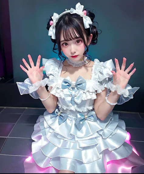 Woman in silver satin dress posing for photo, angelic pretty, Belle Delphine, fairycore, kawaii decora rainbowcore, portrait of the magical Lolita girl, Lolita style, y 2 k cutecore clowncore, cutecore, Lolita Fashion, by Ayami Kojima, kinomoto sakura, Sat...