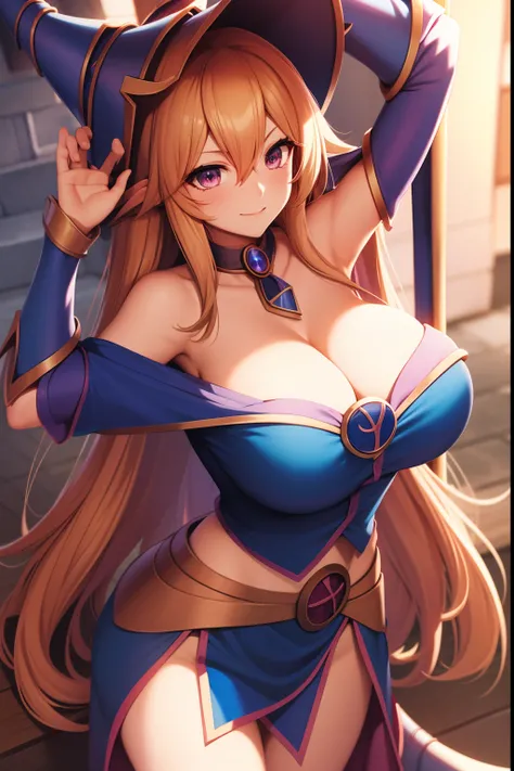 huge tit，cleavage，Anime girl with a sword and hat on her head, Black Magician Girl, beautiful dark magician girl, female mage!, dark magician girl from yu-gi-oh, pretty sorceress, flirty anime witch casting magic, hero 2 d fanart artsation, mighty plump fe...