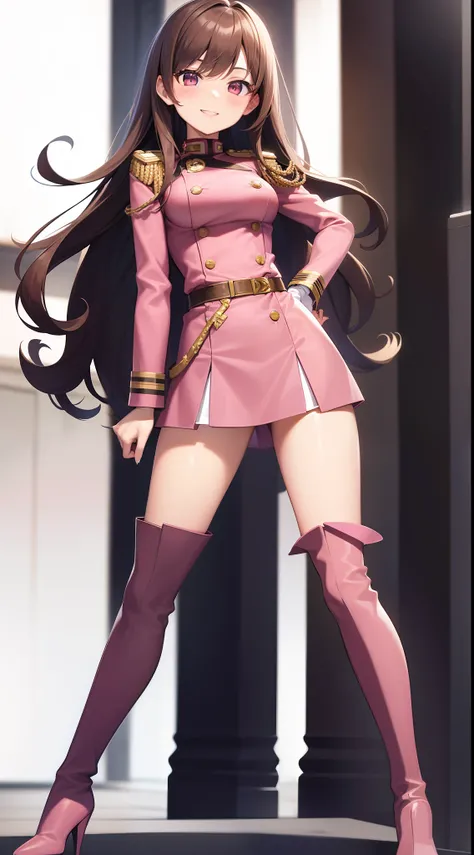 Masterpiece, high quality, 1girl, solo, brown hair, long hair, curly hair, hazel eyes, decent bust, (pink military formal uniform, miniskirt, thigh high boots, high heeled boots), smile, flat_color, full body