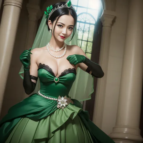 Boyish very short black hair, lipsticks, Japan woman smiling, Long green gloves made of satin material, emerald tiara, Pearl Necklace, verd s eyes, Green eyes