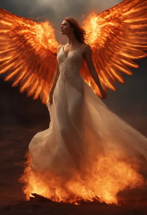 Angel with burnt wings walking along a scorched wasteland, Temple on Fire, flame, ignite, Full body light, screaming, request