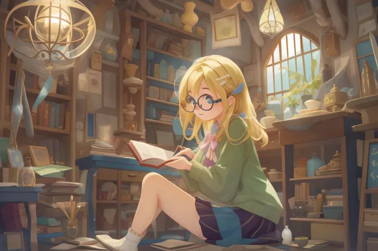 Secret base of magical inventions、Blonde bespectacled girl studies、full bodyesbian、