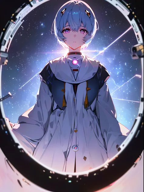 (((ayanami rei:))),headgear,1girl,solo,(masterpiece,best quality, official art,aim to viewers, beautiful and aesthetic:1.2),(ultra high res,spiral, golden ratio, (4k), see from above,((above the earth)),((in the space)),floating,good lighting, (photon mapp...