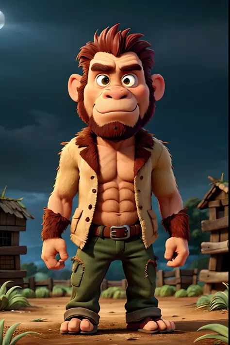 A man who is an angry ape-man, wearing torn clothes, snarling and clawing, background is thorny vines, dark cloudy sky, mood is harsh, malicious, night time light, character design.