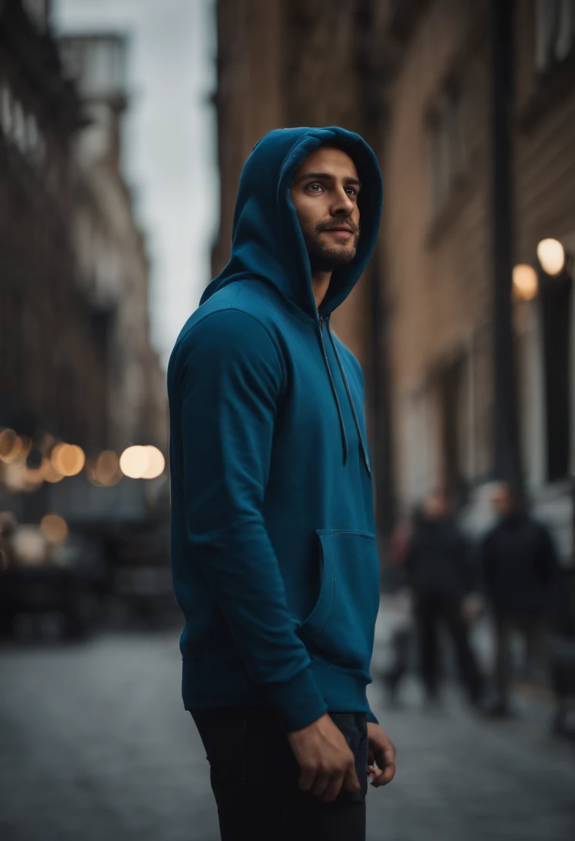 standing with 30 years old man in a blue hoodie, fancy, freelancer, smiling, standing full-frontal, Full-length, Body and head directly in the photo, DSRL, facing the viewer of the photo, Eyes fixed on the lens, The shoulders and head appear in the photo, ...