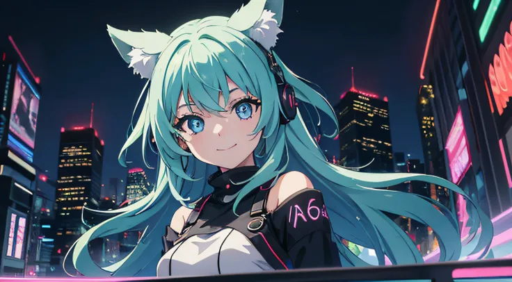 An anime-styled girl with captivating, perfect eyes, deeply engrossed in the world of music amidst a bustling night cityscape, the neon lights casting an ethereal glow on her, her eyes reflecting the urban energy and the melodies shes listening to, smiling...