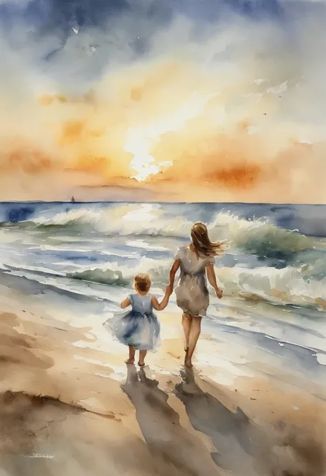 SENSE OF CINEMA，Beautiful evening seaside，Two small babies rushed out to sea from the beach，Silvery-white waves lapping against the beach，setting sun