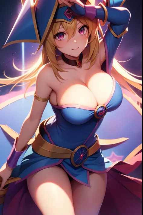 huge tit，cleavage，Anime girl with a sword and hat on her head, Black Magician Girl, beautiful dark magician girl, female mage!, dark magician girl from yu-gi-oh, pretty sorceress, flirty anime witch casting magic, hero 2 d fanart artsation, mighty plump fe...