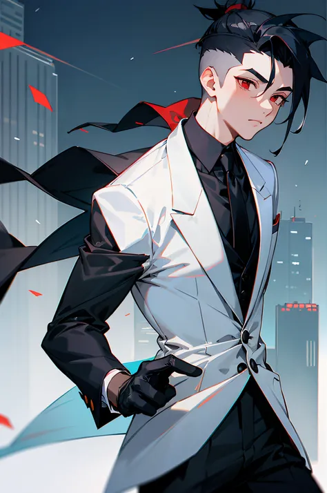 1male, red eyes, ponytail hair, modern undercut hair, black hair, medium length hair, white suit and tie, black gloves, city