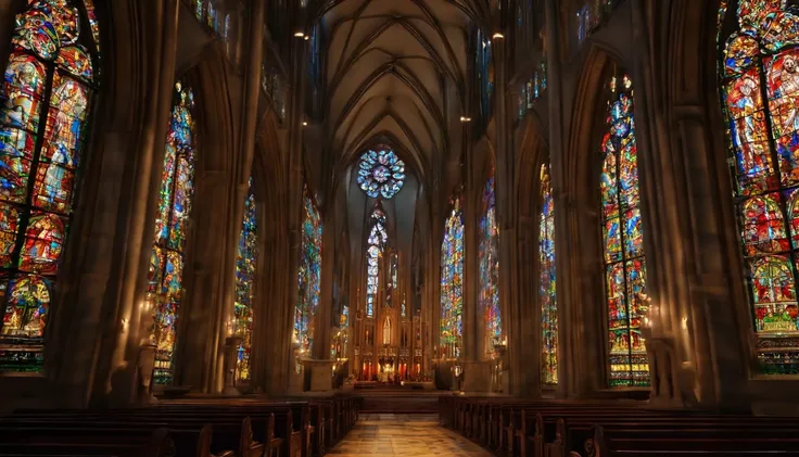 Ambiente realista de uma catedral iluminada, com luzes passando por vitrais super  coloridos. Ao centro, um homem caminhando de costa no corredor igreja, imagem realista, textura realista, clima sagrada