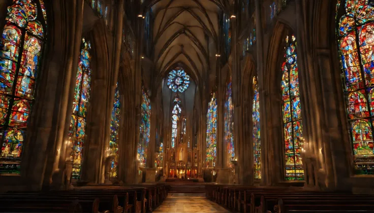 Ambiente realista de uma catedral iluminada, com luzes passando por vitrais super  coloridos. Ao centro, um homem caminhando de costa no corredor igreja, imagem realista, textura realista, clima sagrada