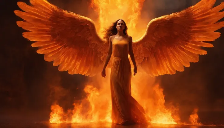 The angel burned her whole body on fire, holding her hand and crying for help., Temple on Fire, flame, ignite, Full body light, screaming, request