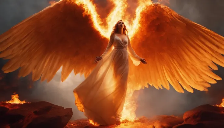 The angel burned her whole body on fire, holding her hand and crying for help., Temple on Fire, flame, ignite, Full body light, screaming, request