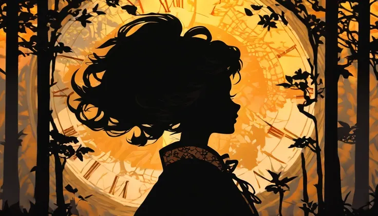 (Silhouette Art,cutouts:1.6)
(((Paper cutting art,A world where only black exists:1.3)

(Cowboy Shot),1 girl,Solo,
(Kimono Girl,profile:1.2),white, Clear and beautiful face,Sunrise behind

break
(Yellow clock)
Textured glass background,