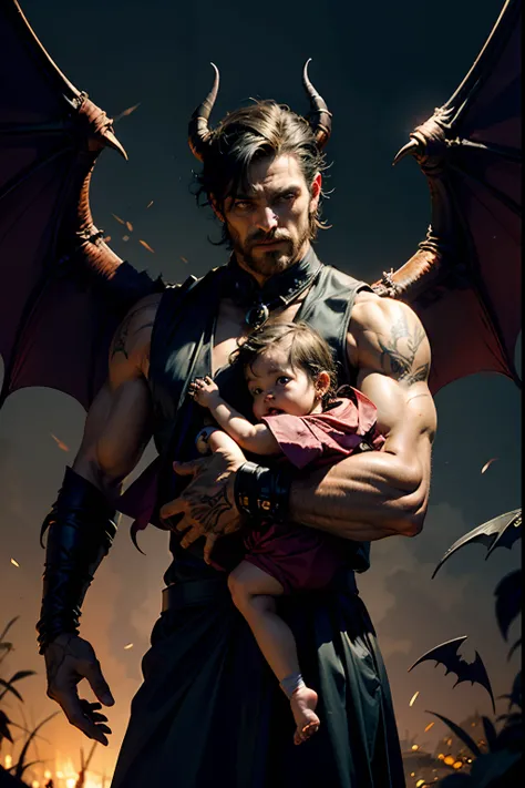 A man who is a devil with bat wings, holding a neglected baby, background is  the flames of hell, mood is degradation, decadence, alienation, mendacity, night time light, character design.