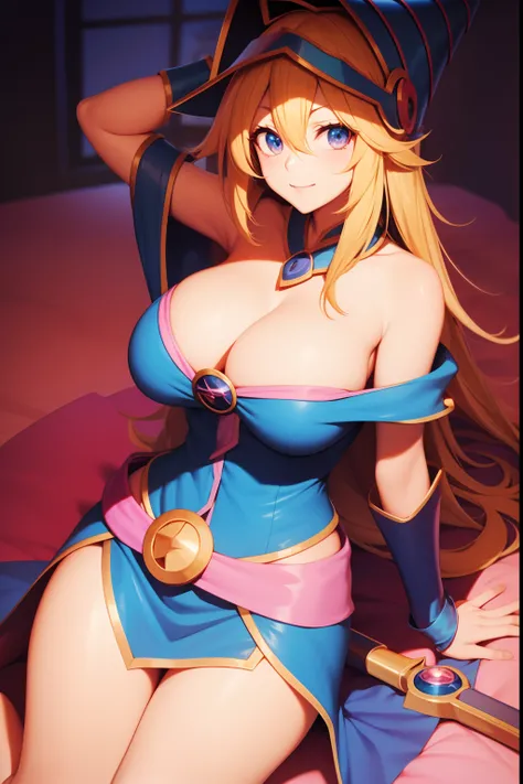 huge tit，cleavage，Anime girl with a sword and hat on her head, Black Magician Girl, beautiful dark magician girl, female mage!, dark magician girl from yu-gi-oh, pretty sorceress, flirty anime witch casting magic, hero 2 d fanart artsation, mighty plump fe...