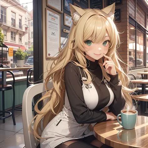 A girl., Green-eyed blonde girl, long-haired, cat ears girl, Dawn Hair, Cute Smiling Girl, Age 18, Wear comfortable and hot clothes. , relax, Outside the café, Coffee shop chair, Bust size just right., red cheeks, Naughty gesture., Gentle face,