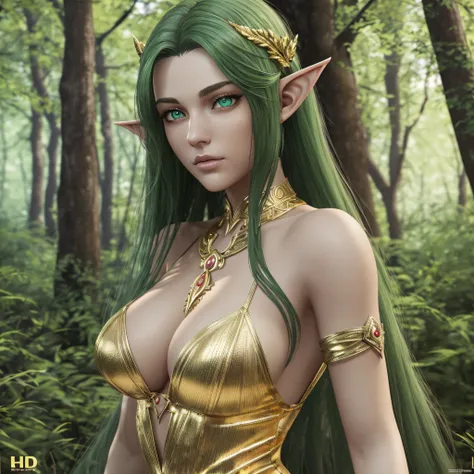 Beautiful 20-year-old divine elf with ((golden eyes)), long green hair and a skin-tight green dress Walks in the woods. Solo, 160 cm tall, 100-60-120, ((masterpiece)), (high quality), (best quality), (detailed), highdefinition, perfect lighting, detailed f...