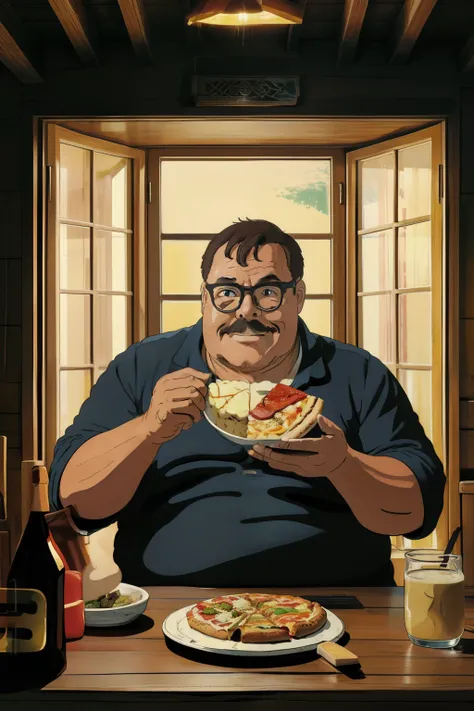 guttonerdvision14, create a charming studio ghibli-style illustration that captures the essence of a chubby, man with glasses wh...