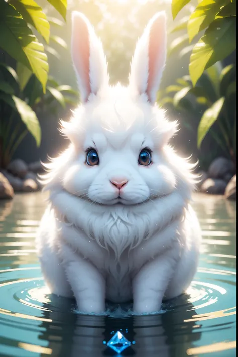 a rabbit drinking water,coelho branco fofo,coelho bonito pequeno,coelho coberto de pele,adorable animal,vivid colors,Close-up,Realistic,pelo macio,crystal water,Magnificent skin texture,Playful rabbit,curious expression,healthy and beautiful,nariz molhado ...