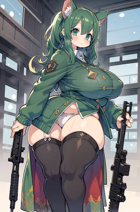 (((Hold a huge assault rifle)))、Long sideburns、Anime-style girl with beautiful whole body, clean detailed faces, ciber,analogous colors, Glowing shadows, beautiful gradients, depth of fields, CLEAN IMAGE, High quality,Black Parker Closing、 high detailing, ...