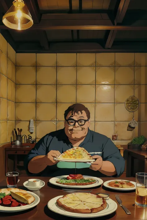 guttonerdvision14, create a charming studio ghibli-style illustration that captures the essence of a chubby, man with glasses wh...