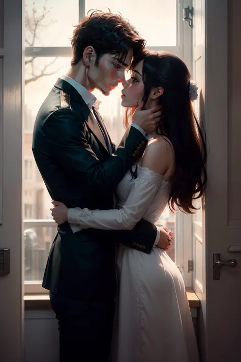 Photo of a couple kissing in front of a window,Portada de la novela, Una portada de anime, romance novel cover,