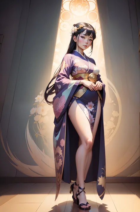 Anime woman in kimono dress standing in front of wall, alphonse mucha and rossdraws, oriental art nouveau, ross tran style, japanese art style, artgerm and atey ghailan, in the style of ross tran, inspired by Ross Tran, palatial palace ， a girl in hanfu, E...