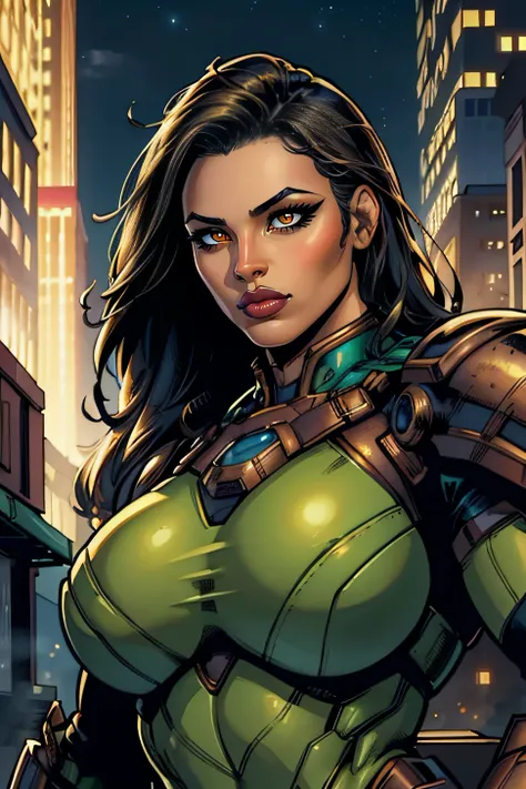 jim lee,

portrait, 1girl, bronze skinned female, chubby physique, sci fi armor, green eyes, long hair, solo, ((night)), city, 
...