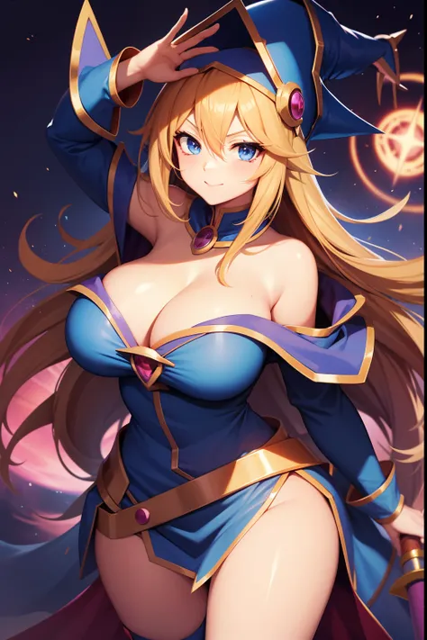 huge tit，cleavage，Anime girl with a sword and hat on her head, Black Magician Girl, beautiful dark magician girl, female mage!, dark magician girl from yu-gi-oh, pretty sorceress, flirty anime witch casting magic, hero 2 d fanart artsation, mighty plump fe...