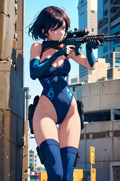 canadian female, solo, age 22, (dark blue skintight bodysuit, red leotard), full body, cowboy shot, (holding and aiming weapon, m4 carbine), realistic, shoulder holster, firing range backdrop