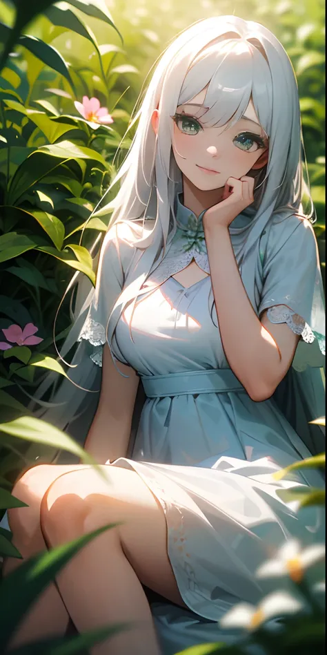 (masterpiece, best quality),1girl with long white hair sitting in a field of green plants and flowers, her hand under her chin, warm lighting, white dress, blurry foreground