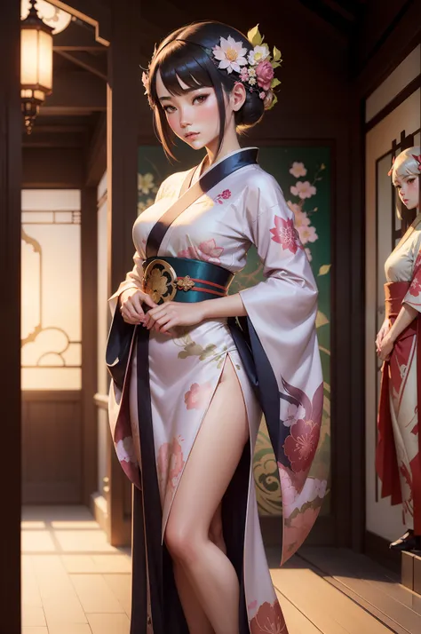 Anime woman in kimono dress standing in front of wall, alphonse mucha and rossdraws, oriental art nouveau, ross tran style, japanese art style, artgerm and atey ghailan, in the style of ross tran, inspired by Ross Tran, palatial palace ， a girl in hanfu, E...