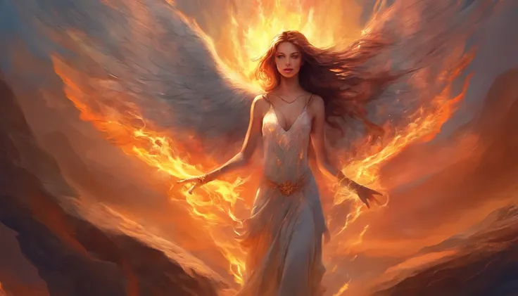 The angel burned her whole body on fire, holding her hand and crying for help, full naked, no cloths, no bra, no underware, Temple on Fire, flame, ignite, Full body light, screaming, request