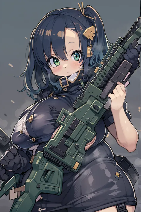 (((Hold a huge assault rifle)))、Long sideburns、Anime-style girl with beautiful whole body, clean detailed faces, ciber,analogous colors, Glowing shadows, beautiful gradients, depth of fields, CLEAN IMAGE, High quality,Black Parker Clothing、 high detailing,...