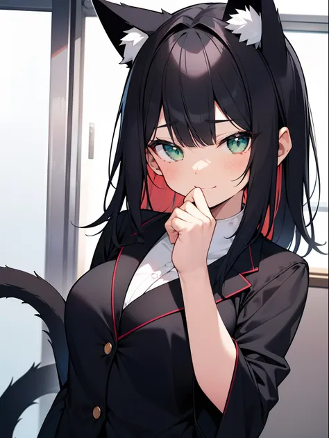 Petite cute Japanese woman 24 years old, Graceful physique, cat ears, Modest office suit; Big green shiny eyes, A sly half-smile, black hair with scarlet highlighting, gathered in the tail to the middle of the back; small pointy breasts; Anatomical realism...