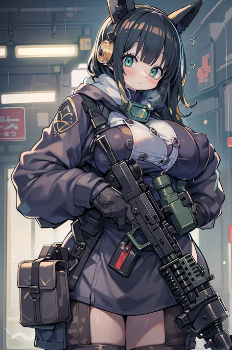 (((Hold a huge assault rifle)))、Long sideburns、Anime-style girl with beautiful whole body, clean detailed faces, ciber,analogous colors, Glowing shadows, beautiful gradients, depth of fields, CLEAN IMAGE, High quality,Black Parker Clothing、 high detailing,...