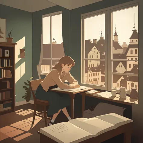 a lofi image of 1 girl studying in a cozy room in evening, window in the background, clear view, only 1 girl