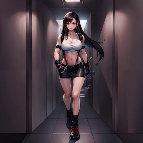 tifa lockhart, 1girl, solo, front face, front view, (masterpiece, super detail, best quality), (walking), serious, looking at vi...