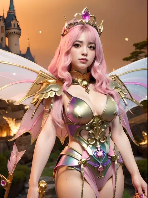 (A smile), Professional , ​masterpiece、top-quality、photos realistic , depth of fields （Gemstone White Metal Body:1.９),(Matte White Pink、Jewel Gold Weapon、（Gorgeous castle background）、（ultimate beauty girl）、（Rainbow fairy wings grow）、Particles of light、（Met...