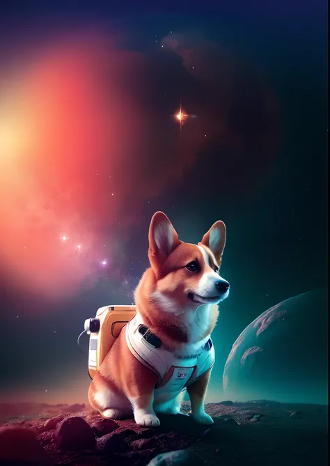 Arafed Corgi dog in a spacesuit sitting on a rock, Corgi in a no-mans land, Corgi astronaut, Shiba Inu astronaut, Portrait of a Shiba Inu astronaut, beeple!!, In the style of Beeple, beeple |, Dog in Space Suite, Beeple Masterpiece