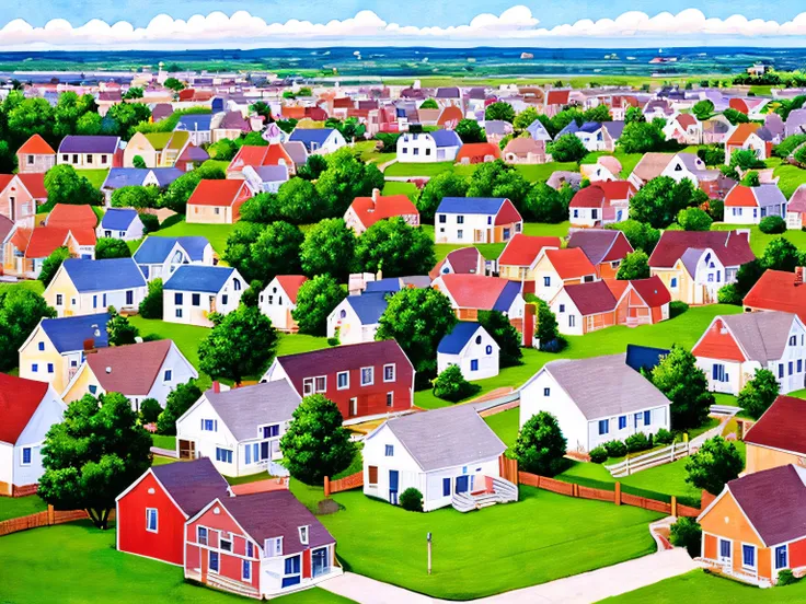 painting of a town with a lot of houses and a plane flying over it, american suburb, by David G. Sorensen, by David B. Mattingly, peaceful suburban scene, inspired by John Philip Falter, naive art, by John Philip Falter, in an american suburb, suburbia str...