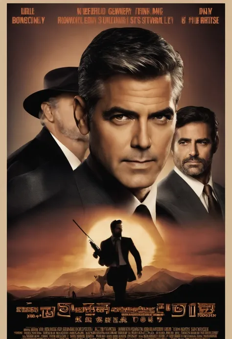 action movie poster of george clooney has a tie on in the background, beard::-2, clean shaven::9, in the style of dark gray and beige, tondo, charming characters, umberto boccioni, light gray and dark brown, dark silver and dark pink, simple and elegant st...