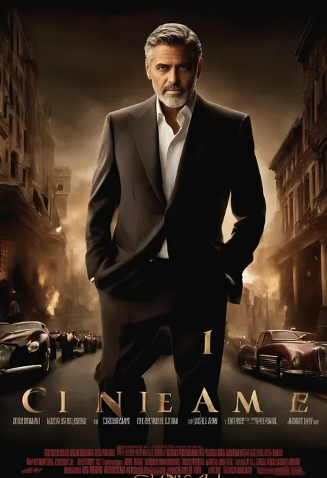 action movie poster of george clooney has a tie on in the background, beard::-2, clean shaven::9, in the style of dark gray and beige, tondo, charming characters, umberto boccioni, light gray and dark brown, dark silver and dark pink, simple and elegant st...