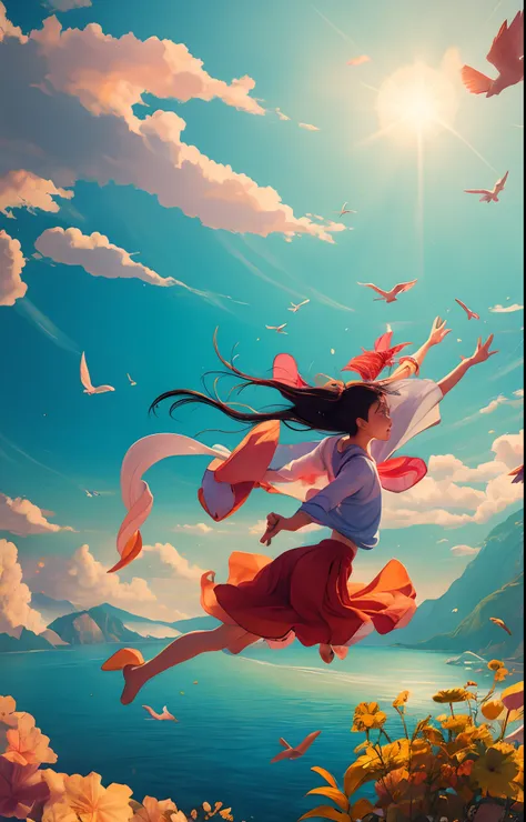 Contemporary Chinese art，，Pastel color palette，Hierarchical form，Whimsical animation，A teenager chasing the light and chasing the wind and dreams，Embark on a new journey，Flat wind