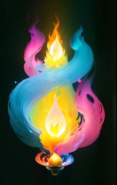 ultra realistic. 3 flame with different colors merging. blue flame. the blue flame is spinning from left to right, pink flame. the pink flame is spinning from right to left. yellow flame. the yellow flame shining still vertical in the center. all the fire ...