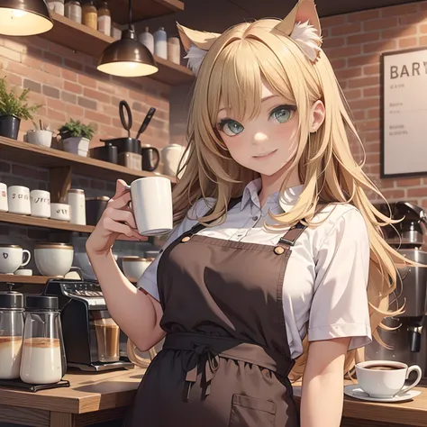 a girl., Green-eyed blonde, long-haired, cat ears girl, Dawn Hair, The girl smiled, did not see the teeth., age is 18 years old, Wear barista clothes, make coffee., Brewing coffee, In a café, Perfect size of the breasts., red cheeks, Naughty gesture.., Gen...