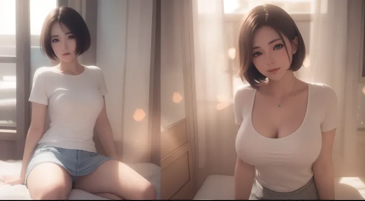 Hay una mujer sentada en una cama con una camisa blanca, Estilo realista de anime 3D, Anime 3D realista, realistic soft lighting, realistic afternoon lighting, Sakimichan HDRI, [ Fotorrealismo 4K ]!!, Cuerpo perfecto fotorrealista, [ Fotorrealismo 4K ]!!!,...