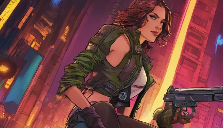 cyberpunk, steampunk girl, at night, futuristic city, neon lights, coloured rim lighting on girl, leather jacket, v neck top, steam in background, 3/4 shot, holding gun