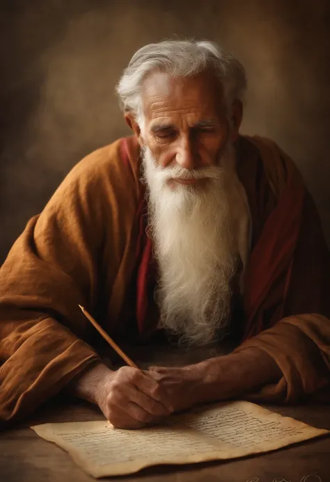 an old man full of faith writing on parchment